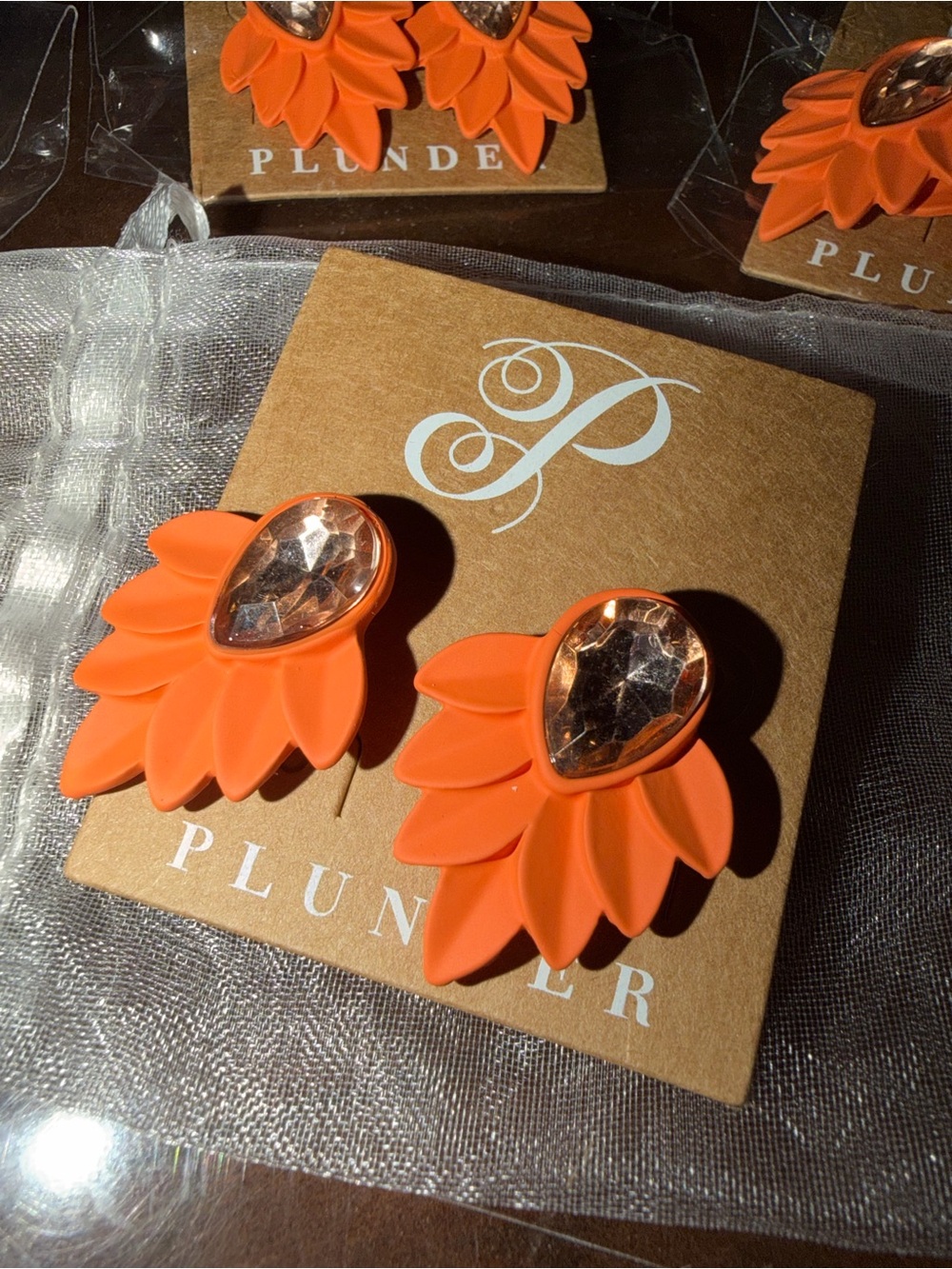 Plunder Vibrant Orange Petal Drop Earrings with Faceted Center